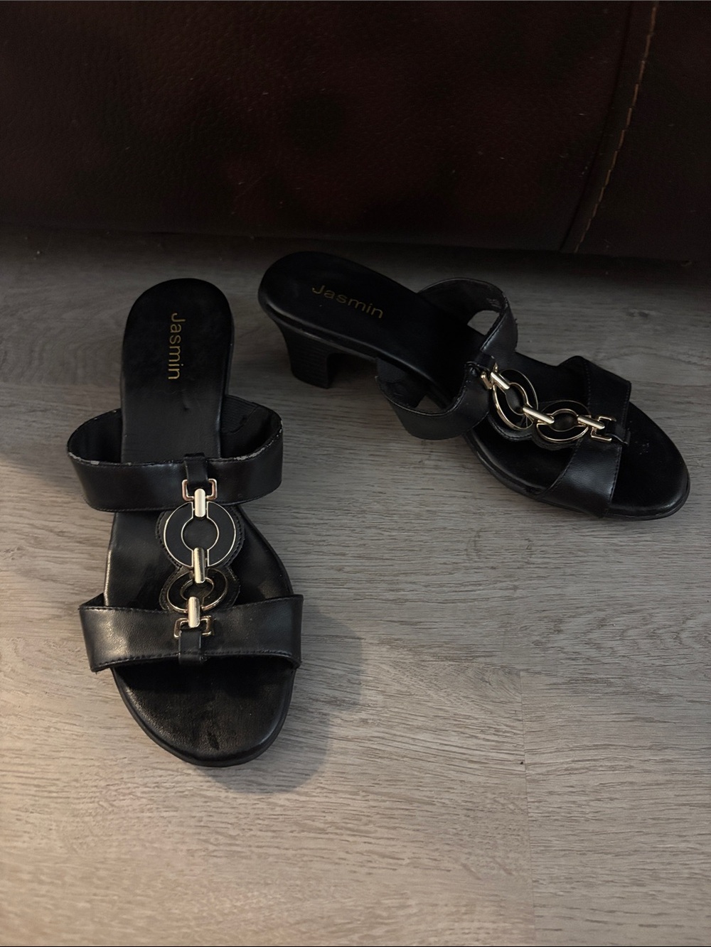 Jasmine Black Leather Slide Mules with Gold Chain Detail